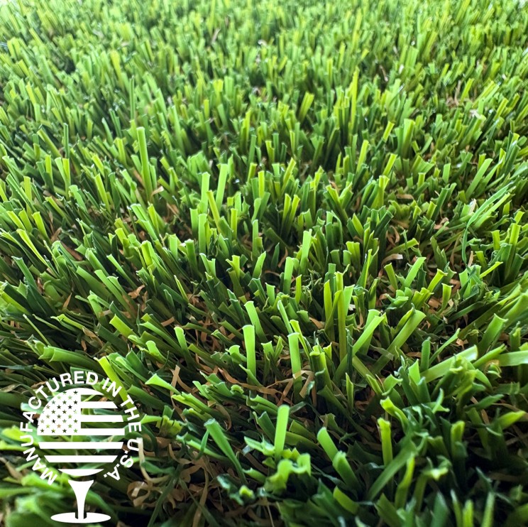 Close up image of artificial turf for pets with a Manufactured in the USA logo in the bottom left.