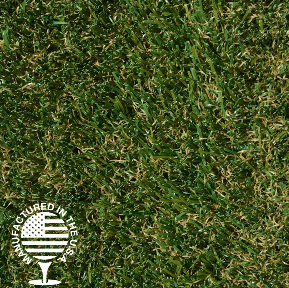A close up image of artificial grass with green and brown