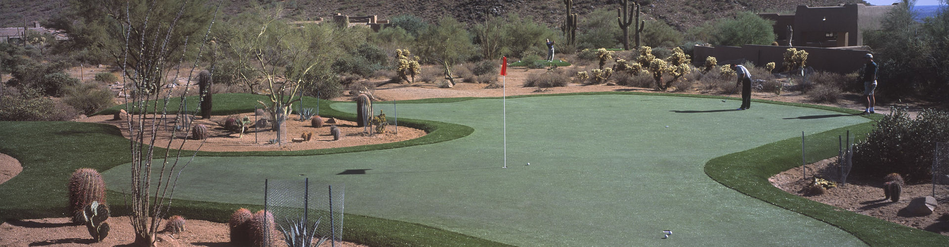Golf player practicing on a artificial putting green in a desert environment with cactus borders